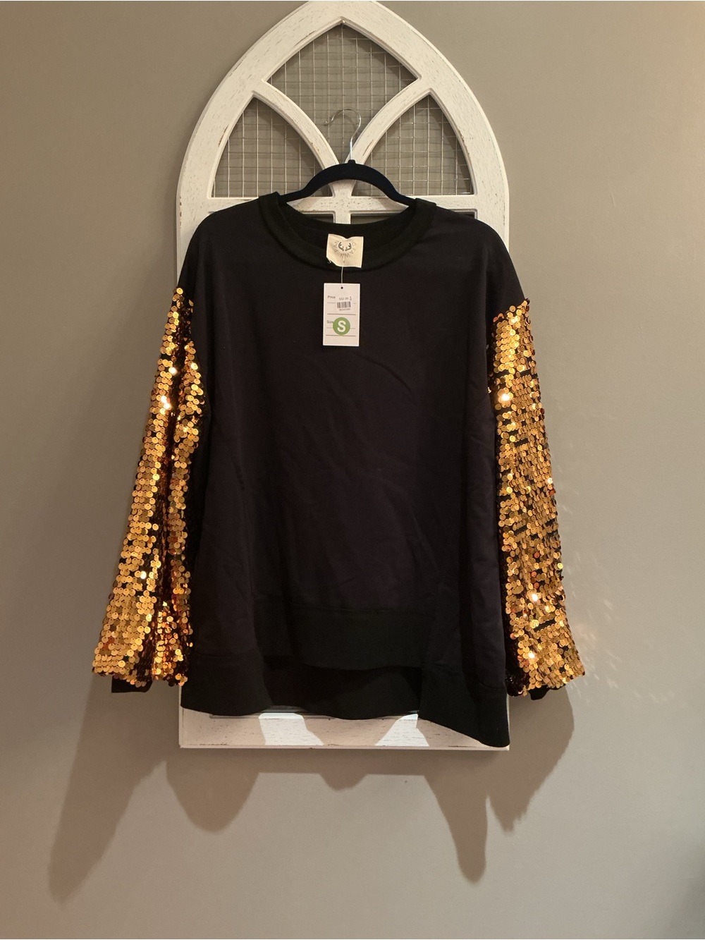 Fantastic Fawn Black Sweater with Gold Sequin Sleeves